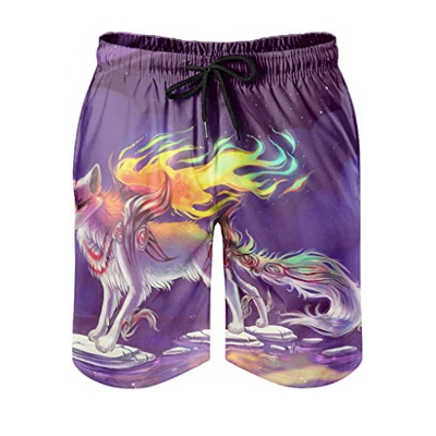 kikomia Pantalones cortos de playa japoneses para hombre, diseño de perro con fuego, impresión artística, modernos trajes de baño con bolsillos, color
