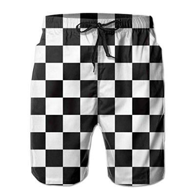 Pantalones Cortos de Playa con pantalón a Cuadros Blancos y Negros para Hombres con Bolsillos de Forro de Malla para Hombres,L
