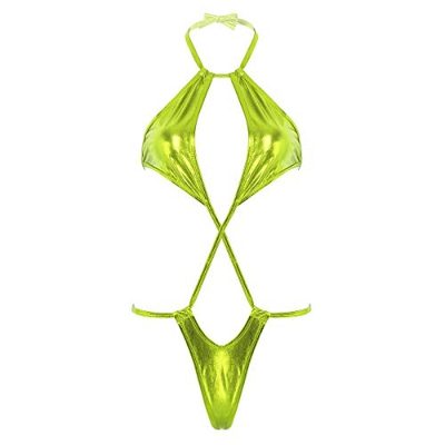 dPois Monokini Mujer Micro Bikini Conjunto Sexy Traje de Baño Teddy Body Halter Metálico Brillante Ropa de Baño Playa Dormir Noche Bodysuit Trikini Sl