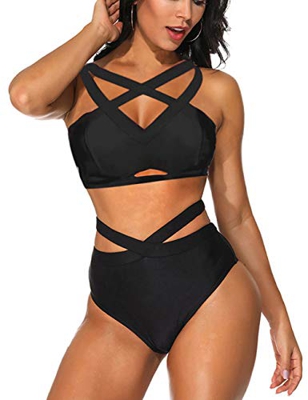 FeelinGirl Cruz Estilo Marino Dos Piezas Conjunto de Bikini para Mujer Traje de Baño Sexy Negro L:Talla-42