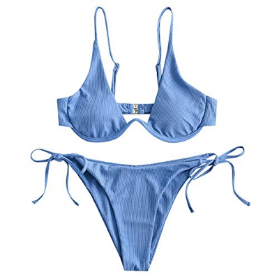 ZAFUL - Bikini de Dos Piezas para Mujer, diseño de Leopardo Criss Cross Push Up de Corte Alto y Acolchado (Azul, M)
