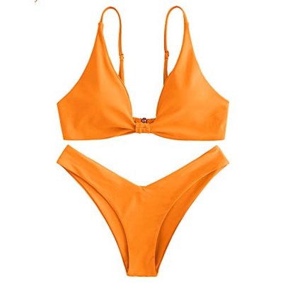 ZAFUL Conjunto de Bikini Push Up con Relleno Nudo Delantero Gancho Trasero Talle Alto en Color Liso (Naranja, L)
