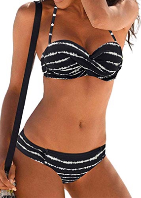 PANOZON Mujer Bikini Traje de Baño Sexy Cuello Halter Acolchado Conjunto Pushup Braga 2 Piezas (L, Z-Rayas Negras)