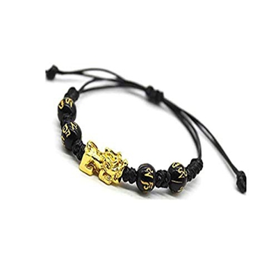 WINFCOY Pulsera de Feng Shui Pixiu, Cuerda Trenzada Hecha a Mano Ajustable de obsidiana Negra, Cuentas de Amuleto de Mantra Chino atraen Dinero de la