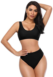 SHEKINI Bikini de Mujer Trajes de Baño de Dos Piezas Low Scoop Top de Cosecha Baja de Cuchara High Waisted Brasier Deportivo Top Racerback (XL, Negro) en oferta
