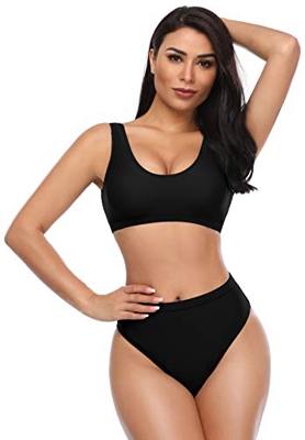SHEKINI Bikini de Mujer Trajes de Baño de Dos Piezas Low Scoop Top de Cosecha Baja de Cuchara High Waisted Brasier Deportivo Top Racerback (XL, Negro)