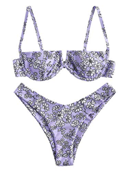 ZAFUL Bikini de dos piezas, diseño de flores, bikini de corte alto, con aros y pantalones en V para mujer. morado M precio
