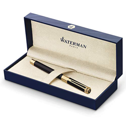 Waterman Perspective - Pluma estilográfica, color negro brillante con clip de oro de 23 quilates, plumín mediano con cartucho de tinta azul, estuche d en oferta