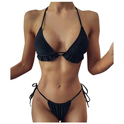 Sylar Bikinis Mujer 2020 Brasileños Push Up Sexy Color Sólido Cuello Hálter Conjunto de Bikini con Volantes Ropa de Playa Traje de Baño Dos Piezas Tan