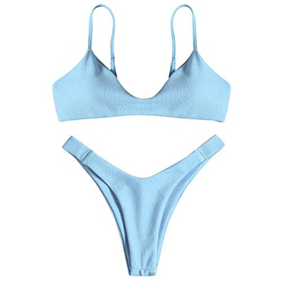 ZAFUL Bikini acolchado acanalado para mujer, conjunto de bikini con textura azul L
