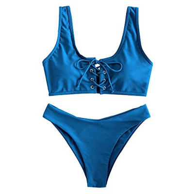 ZAFUL Bikini deportivo para mujer, con cuello en U, para verano, ropa de baño azul L