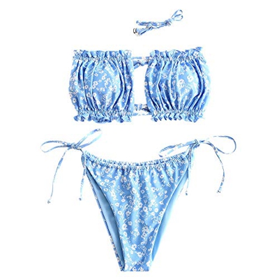 ZAFUL Bikini bandeau Floral Lace Up Ruched para mujer azul M