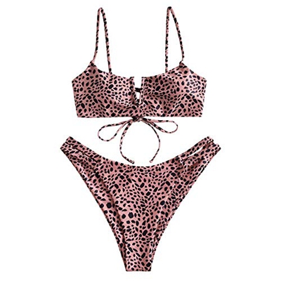 Zaful Bikini sexy en forma de V con tirante fino y diseño de rayas Patrón de leopardo rosa. L