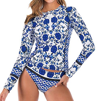 RISTHY Mujeres Traje de Manga Larga Rashguard UV Protección Estampado Camiseta Bañador para Buceo Natación Surf 2 Piezas Conjuntos Trajes de Baño para