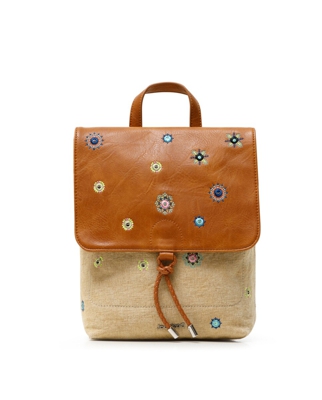 Desigual - Mochila De Mujer July Denim Arola En Beige Y Marrón Con Bordados