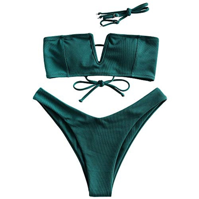 ZAFUL Bikini de corte alto para mujer con lazo. verde oscuro S