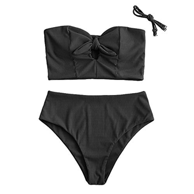 ZAFUL Conjunto de bikini de dos piezas con estampado de margaritas y cordones, para mujer Negro S