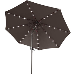 Paraguas solar Ourdoor de 9 pies con 32 luces LED, inclinable y manivela para jardín, cubierta, patio trasero y piscina, 12 colores, (marrón) características