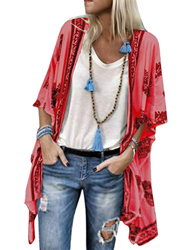 ORANDESIGNE Mujer Cárdigan Kimono Florales Manga 1/2 Tops Blusa Floral Suelta Casual Boho Style Bikini Cover Up Cubierta de Playa Rojo 42 en oferta