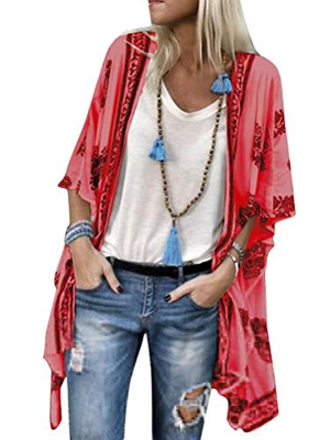 ORANDESIGNE Mujer Cárdigan Kimono Florales Manga 1/2 Tops Blusa Floral Suelta Casual Boho Style Bikini Cover Up Cubierta de Playa Rojo 42