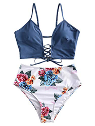 ZAFUL Bikini de cintura alta para mujer, diseño floral con hojas azul XXL características