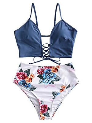 ZAFUL Bikini de cintura alta para mujer, diseño floral con hojas azul XXL