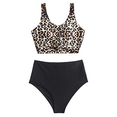 ZAFUL Traje de baño de dos piezas para mujer, estampado de leopardo animal, anudado, talle alto, tankini leopardo XXL