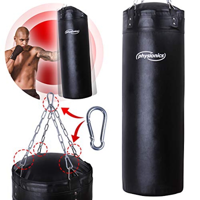 Physionics Saco de Boxeo para Adultos - Relleno, Ø35, H120cm, Peso 30kg, con Cadenas+Mosquetones+Articulación Giratoria - para MMA Muay Thai Kick Boxi