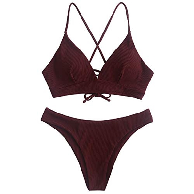 ZAFUL - Conjunto de bikini para mujer con tirantes de espaguetis borgoña L