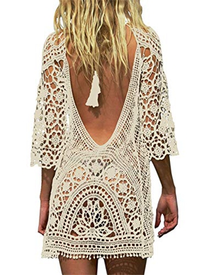 EDOTON Traje de Baño, Vestido de baño de Bikini con Encaje de Crochet y Espalda Abierta de Mujer (Beige)