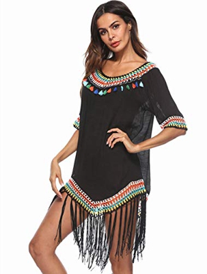 Traje de baño de Mujer Falda de Playa de Ganchillo Top Poncho de Punto Bikini Bikini de Camuflaje de Verano(black-P1870)