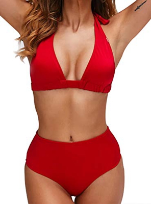 Bikini de Mujer Conjunto de 2 Piezas de Cuello Halter Traje de Baño de Estampado Floral de Cintura Alta para el Verano