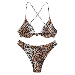 ZAFUL - Bikini de dos piezas para mujer, diseño de leopardo Criss Cross Push Up de corte alto y acolchado marrón S en oferta