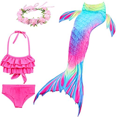 VALICLUD 4 Piezas de Traje de Baño de Cola de Sirena para Niñas con Diadema de Flores Bikini Traje de Baño Traje de Baño para Niños Regalo de Cumpleañ