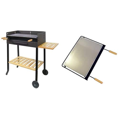IMEX EL ZORRO 71450 71450-Barbacoa con Ruedas y Parrilla INOX, 88 x 68 x 40 cm, Color Negro, 88x68x40 cm + Plancha para barbacoa, inox, 68 x 41 cm, GR