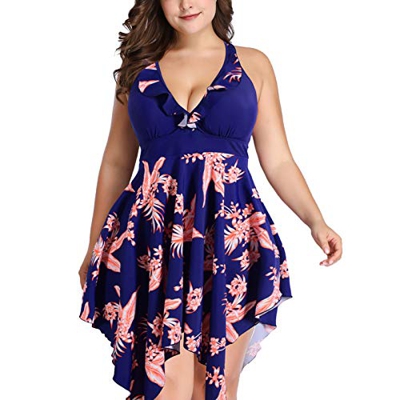 besbomig Mujer Talla Grande Bañadores Cómoda Traje de baño de Una Pieza Floral Tankini Falda Y Pantalones Cortos Conjuntos - Verano Playa Deporte Swim