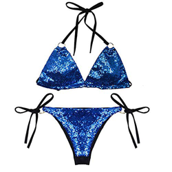 Taigood Mujeres Sexy Halter Bikini Conjuntos Dos Piezas Triángulo Venda de Lentejuelas Push Up Bikini Traje de baño Azul-XL precio