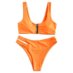 ZAFUL - Conjunto de bañador de dos piezas escotado en U, sujetador inalámbrico con cremallera y camisa de corte con relleno extraíble naranja M en oferta