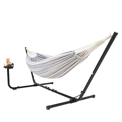 VITA5 Hamaca con Soporte Doble con Estante - para Colocar Vasos. para 2 Personas / 205 kg - Dimensiones 241 x 160 - con Funda de Transporte (Azul/Blan