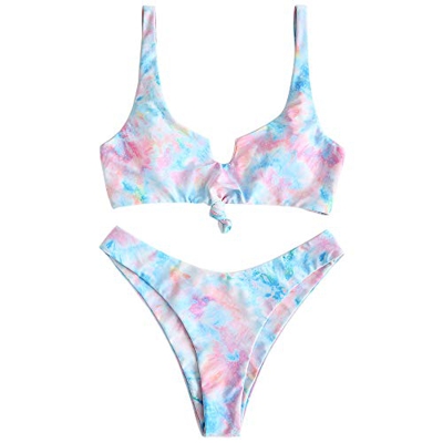 ZAFUL Bikini para mujer Tie Dye acanalado y anudado de pierna alta Multi-g M