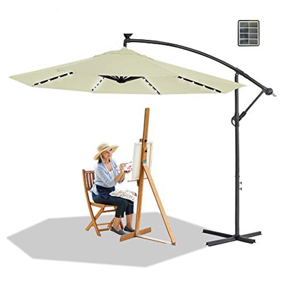 HENGMEI Ø 350cm Sombrilla Parasol Mástil de Aluminio y 100% Poliester Tela protección UV 40 + y Impermeable con Solar LED Sombrilla de Jardin, Terraza