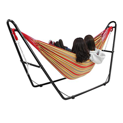 Todeco - Hamaca, Cama Colgante - Capacidad: Para 2 personas - Alto: Ajustable - Rojo, con soporte tipo-H, Algodón, Brasileño en oferta