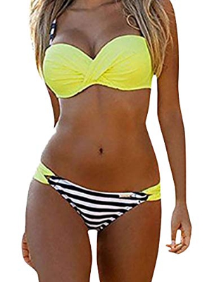 Bikini para mujer de Astylish, bikini push up, dos piezas, bañador con traje de baño acolchado y con tirantes ajustables, tallas S-XXL Rayas amarillas