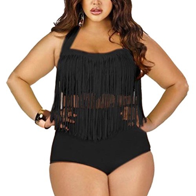 DELEY Mujeres Talla Grande Borla Decoración Traje De Baño Bikini Beachwear Negro Tamaño XL