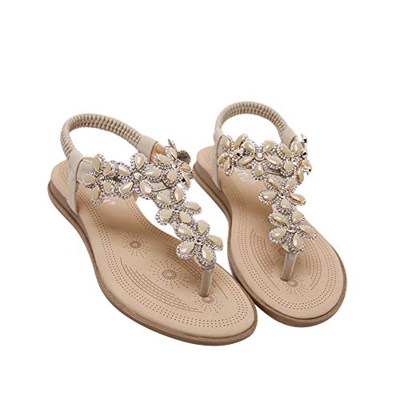 Sandalias Mujer Verano Sandalias Bohemias De Moda Flor Pedrería Sandalias Zapatos Planos Albaricoque 38