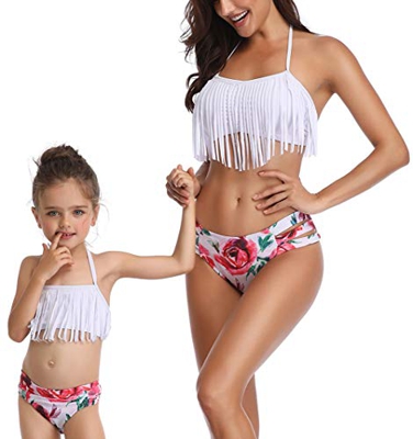 Dilicwa Madre e Hija Bikinis Traje de baño Padre-Hijo Bikini Traje de Baño, Mamá Niña Bañadores de Mujer de Verano Playa. (5-6T, Blanco-niña2)