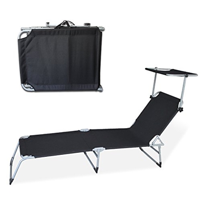 Hengda Tumbona Plegable, Inoxidable,Parasol Ajustable, Capacidad 200 kg, 189x55x27 cm Negro