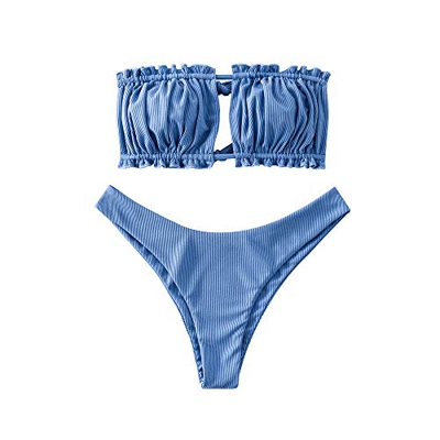 ZAFUL Bikini para mujer sin tirantes, escote con volantes, estilo bandeau. azul M