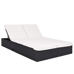 Casaria Tumbona doble de poliratán Negro con Cojines y dos mesas plegables respaldo reclinable 5 posiciones 1,60m ancho en oferta
