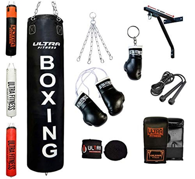 ULTRA FITNESS Boxing 4ft 5ft Filled Heavy Punch Bags Set Guantes Mitt con Soporte de Pared, Negro, 4ft